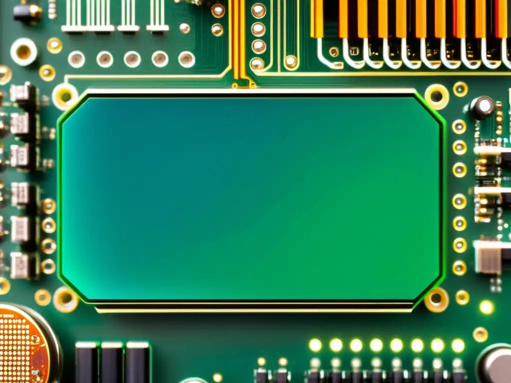 Detalle de circuito impreso con sensores de código abierto para proyectos DIY, mostrando una red intricada de conexiones y componentes vibrantes