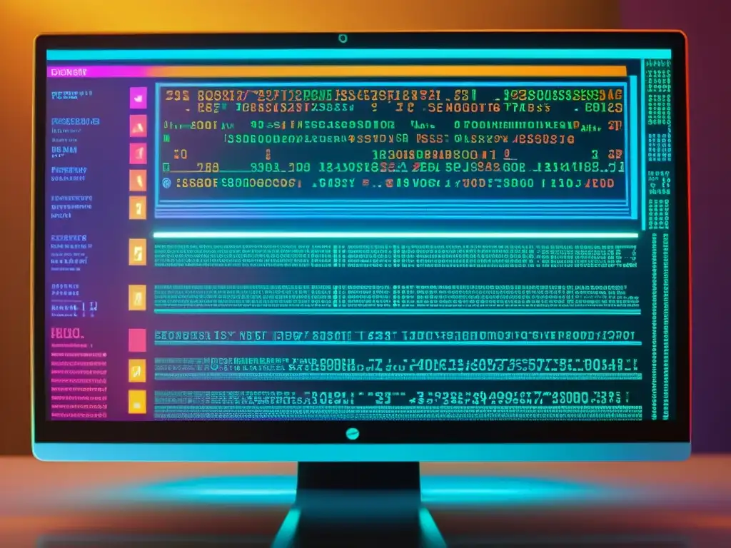 Detalle de código abierto futurista en pantalla de computadora, representando la monetización del conocimiento en el software