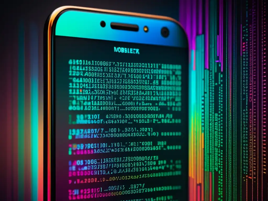 Detalle de código abierto en pantalla de smartphone, destacando la sofisticación de la seguridad móvil