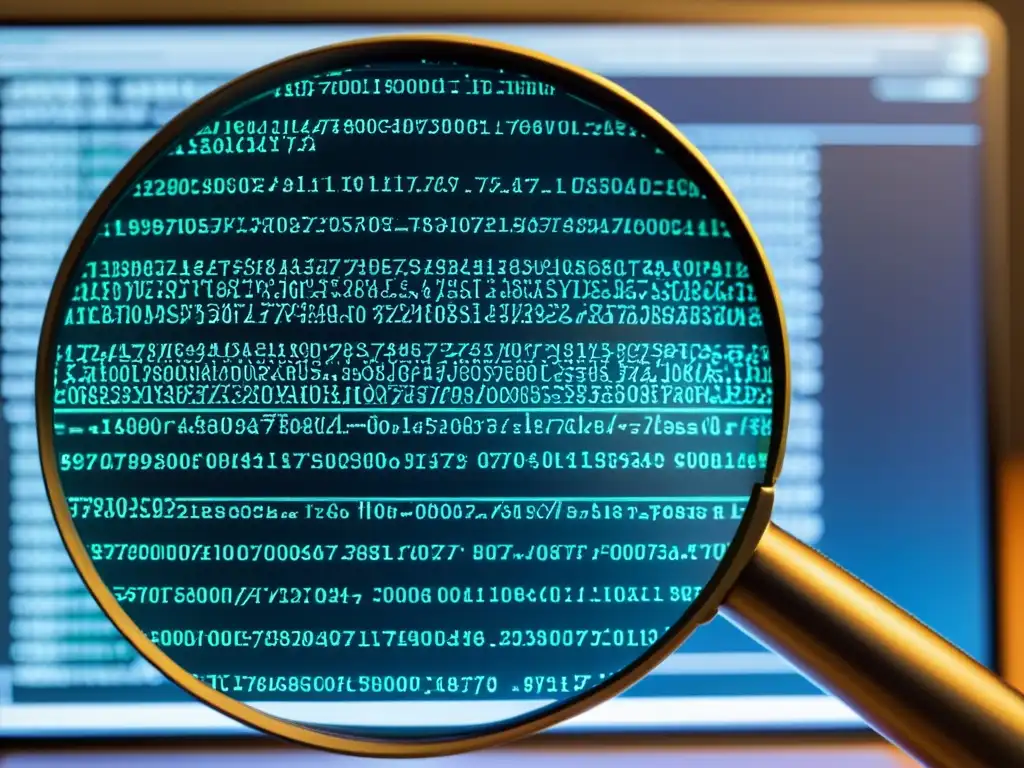 Análisis detallado de código fuente para casos de infracción de licencias Detalle de código complejo en pantalla de computadora, con lupa en el escritorio