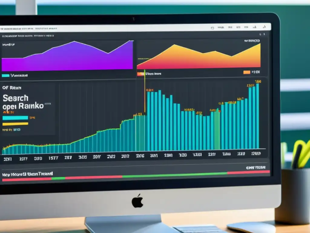 Detalle de visualización de datos en monitor, reflejando herramientas de código abierto para palabras clave con colores vibrantes y líneas nítidas