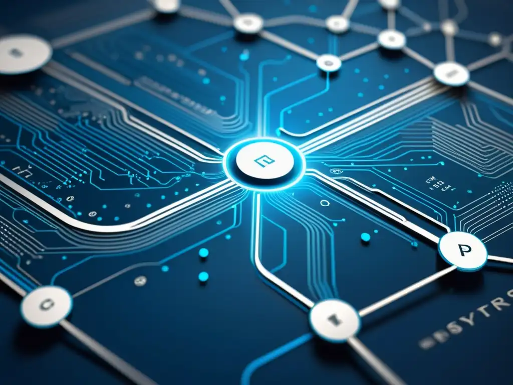 Detalle de un diagrama de algoritmo de encriptación con líneas intrincadas y nodos, en tonos futuristas y profesionales