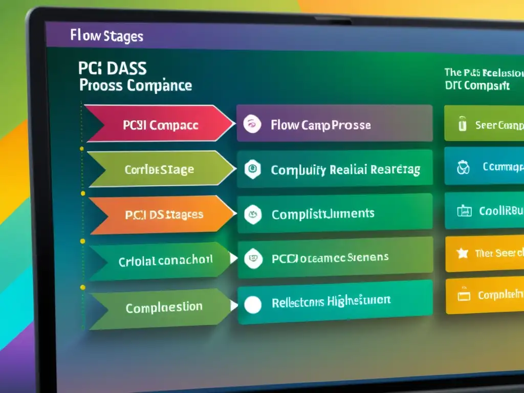Detalle de un flujo de proceso de cumplimiento PCI DSS en la pantalla de la computadora, reflejando realismo y complejidad