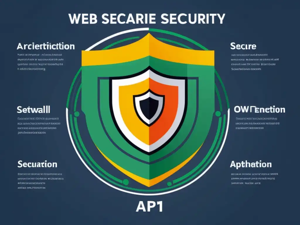 Detalle ilustrado de arquitectura de seguridad web moderna, con encriptación, autenticación y prácticas de código seguro