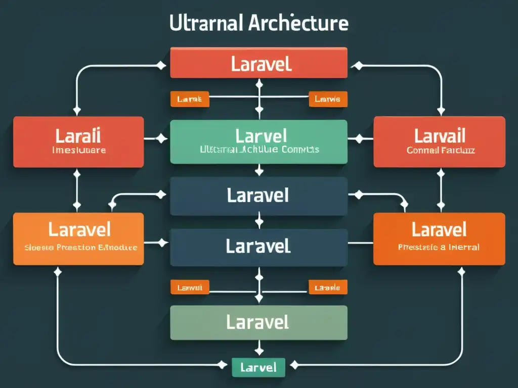 Detalle impresionante de la arquitectura interna de Laravel, mostrando capas y componentes