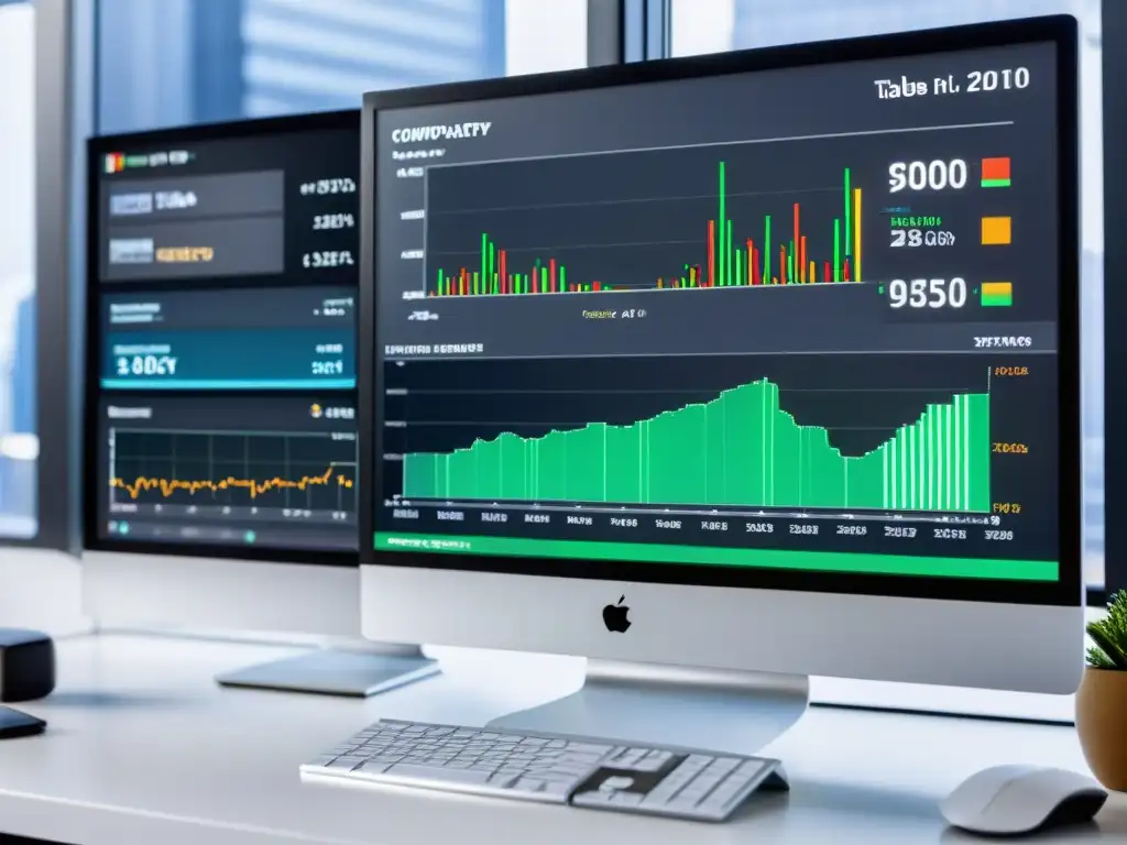 Comparación de software: opensource vs Detalle impresionante de dos pantallas de ordenador mostrando software de código abierto y software propietario con gráficos financieros