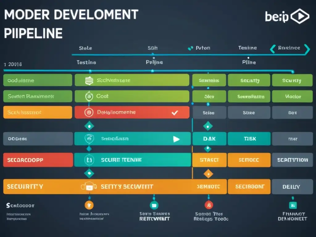 Detalle de integración de seguridad en SecDevOps en una moderna tubería de desarrollo de software, promoviendo prácticas seguras