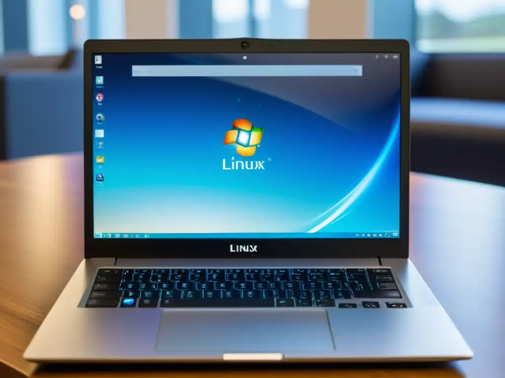 Detalle de laptop con personalización distro Linux código abierto, teclado limpio y atmósfera futurista