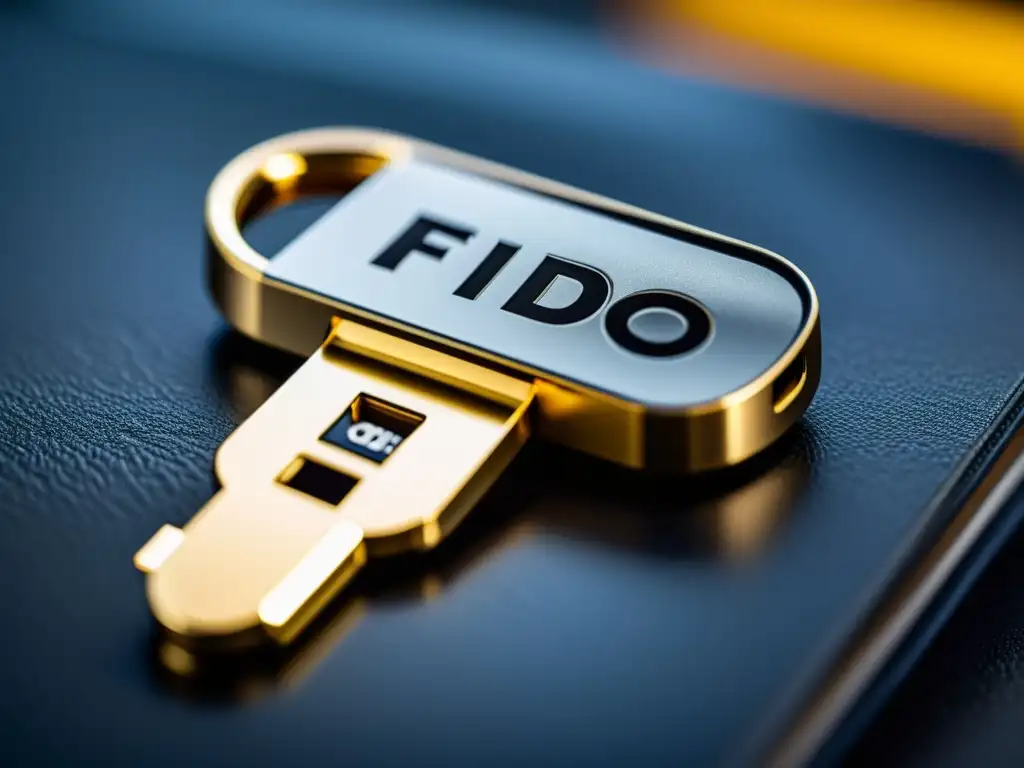 Detalle de una llave de seguridad FIDO2, con diseño moderno y textura metálica