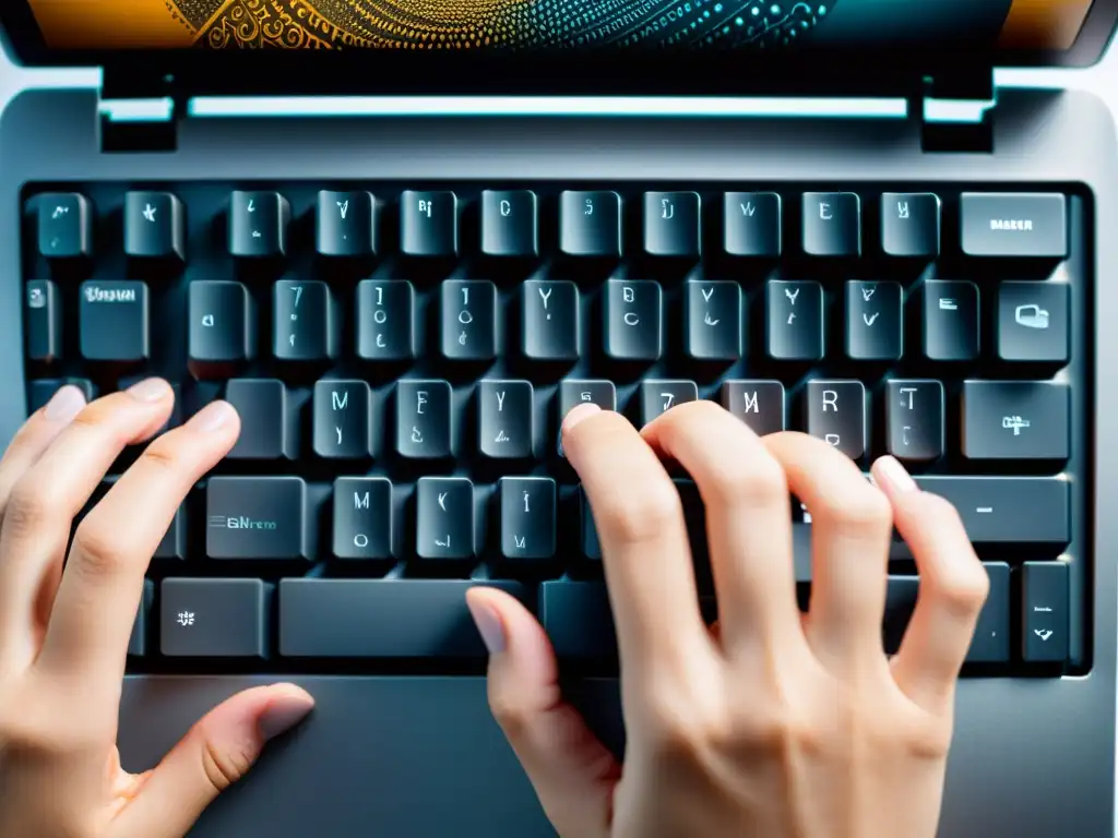 Detalle de una mano tecleando en un teclado, con enfoque en las teclas y texturas