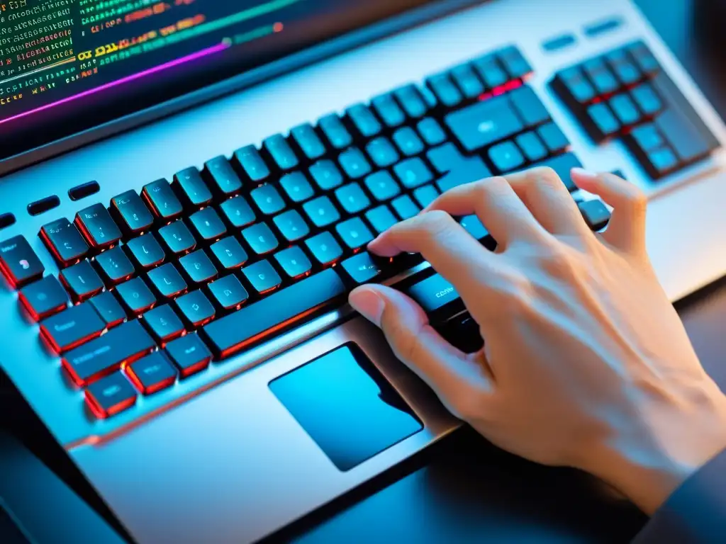 Detalle de manos de desarrollador tecleando en un moderno teclado, con código React Hooks en la pantalla