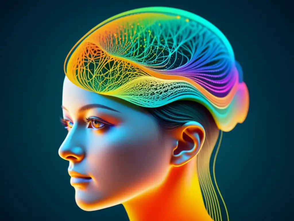 Detalle de modelo de red neuronal de TensorFlow en entrenamiento, con datos coloridos fluyendo entre capas y conexiones resaltadas en tonos futuristas