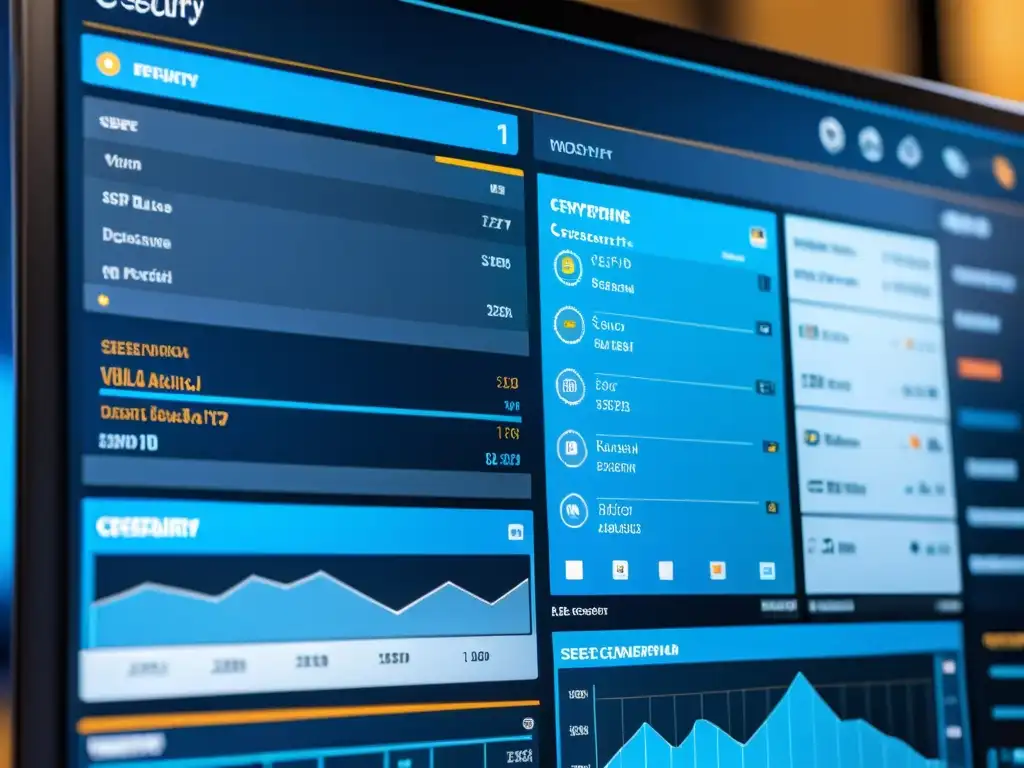 Detalle de un moderno panel de seguridad en ERPs de código abierto, con gráficos de visualización de datos y símbolos de ciberseguridad de vanguardia