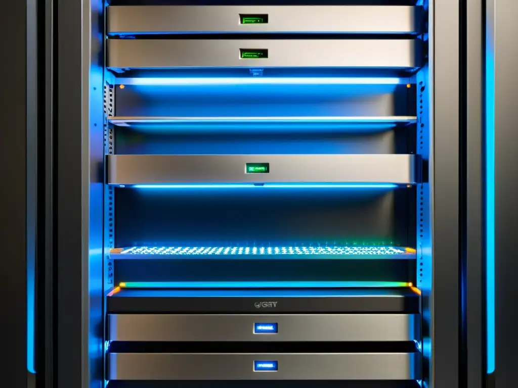 Detalle de un moderno rack de servidores con cables organizados y luces LED parpadeantes, mostrando la integración Eucalyptus en el ecosistema Cloud