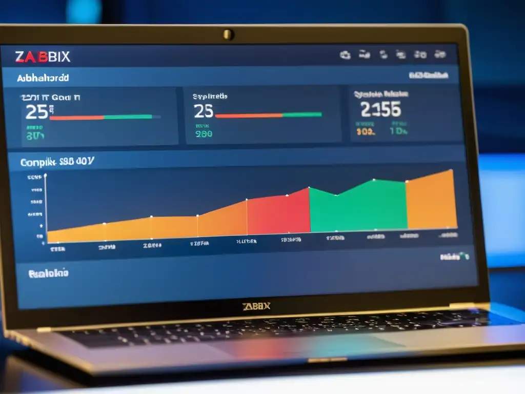 Detalle de un monitor de computadora con un complejo panel de Zabbix IT, mostrando gráficos y datos de monitoreo del sistema en tiempo real