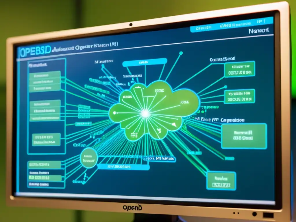 Detalle de monitor con diagrama de red del firewall OpenBSD, creando una atmósfera futurista y profesional