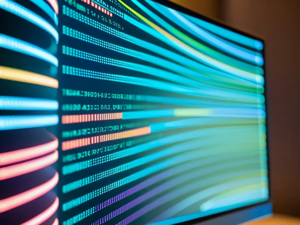 Detalle de monitor con código MySQL vibrante y preciso en una atmósfera moderna