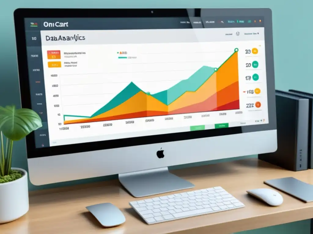 Detalle de un panel de análisis de datos moderno en 8k mostrando gráficos coloridos con métricas de marketing digital en OpenCart