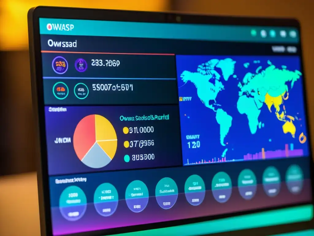 Detalle de un panel de OWASP AppSensor con visualizaciones coloridas que representan datos en tiempo real sobre ciberataques y eventos de seguridad