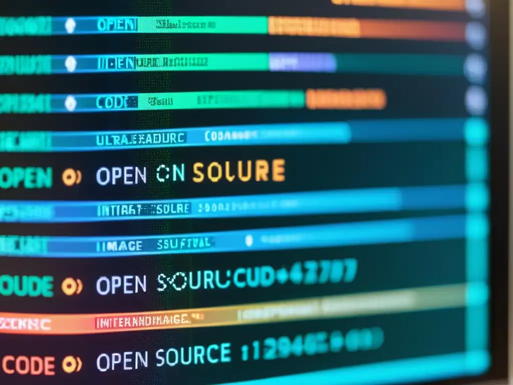 Detalle de pantalla de código abierto con licencias open source, mostrando la complejidad y belleza del desarrollo