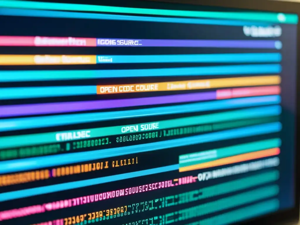 Detalle de pantalla de código abierto con desafíos de cumplimiento en software de código abierto, colores vibrantes y estética moderna