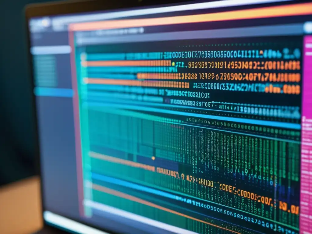 Detalle de pantalla con código abierto, colores vibrantes y elementos gráficos, representando innovación en desarrollo de software
