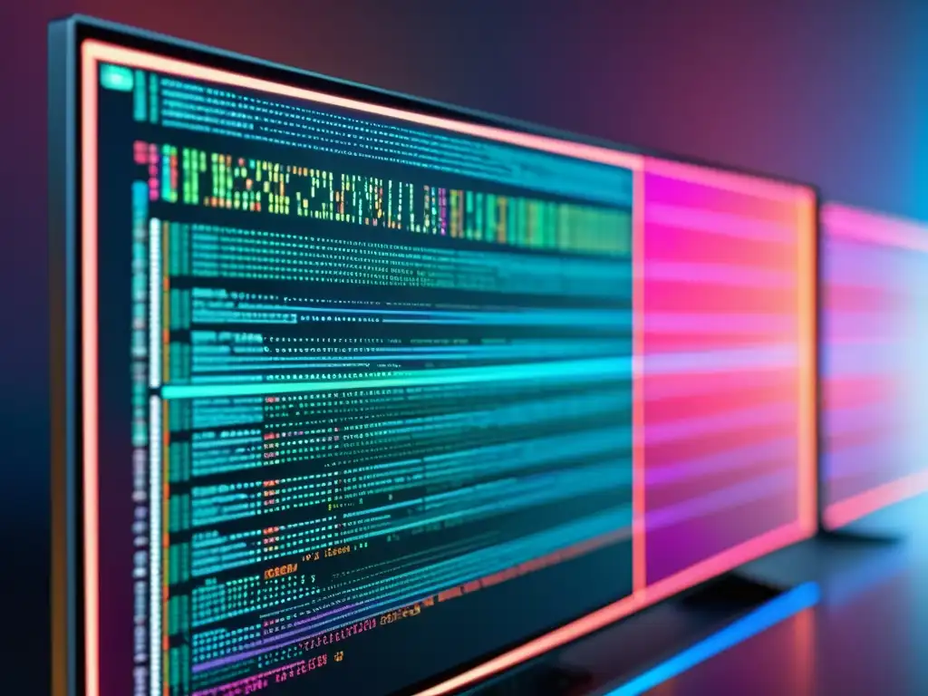 Detalle de pantalla con código abierto en colores vibrantes y elementos futuristas, reflejando la evolución y tendencias software código abierto 2024