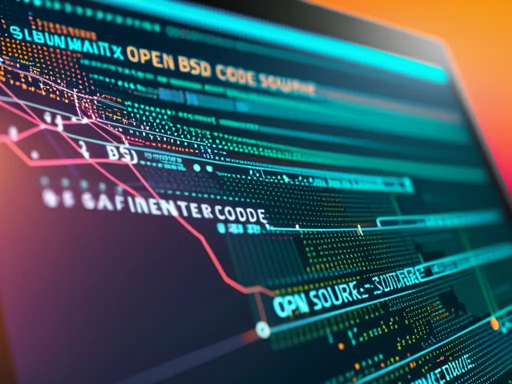 Detalle de pantalla con código fuente BSD y diagramas de red, simbolizando la colaboración en proyectos open source BSD