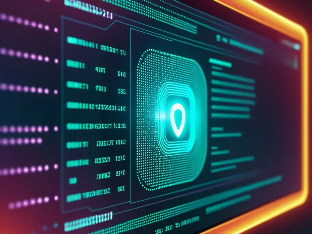 Detalle de pantalla de código con integración continua y seguridad en código abierto, rodeado de elementos digitales futuristas brillantes