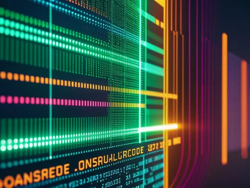 Código de inteligencia artificial de vanguardia en pantalla Detalle de pantalla con código de software de IA Open Source legal en colores vibrantes y diseño futurista, rodeado de visualizaciones de datos y ecuaciones matemáticas complejas