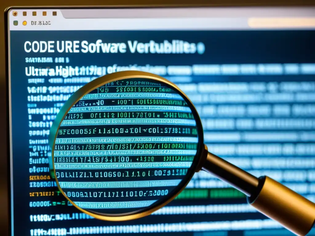 Detalle de pantalla con código y lupa resaltando vulnerabilidades en código abierto, reflejando tecnología y seguridad