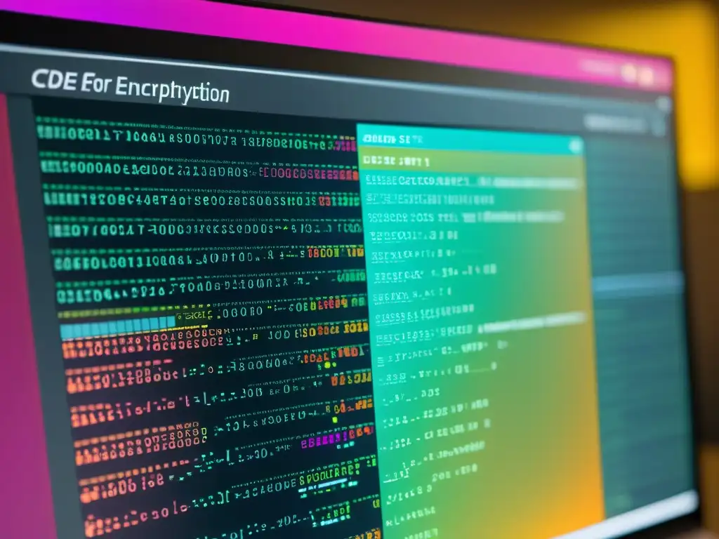 Detalle de pantalla de computadora con código de cifrado de datos y visualizaciones coloridas, mostrando herramientas open source