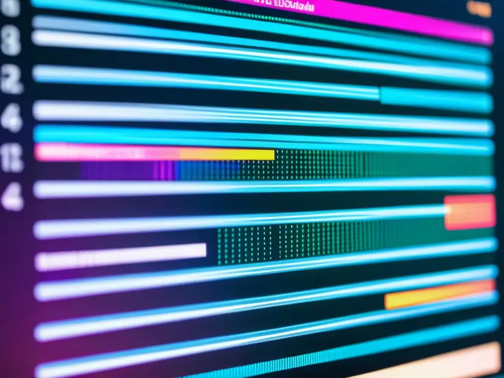 Detalle de pantalla de computadora mostrando código y algoritmos de Inteligencia Artificial en Testing Open Source, con colores vibrantes y nitidez
