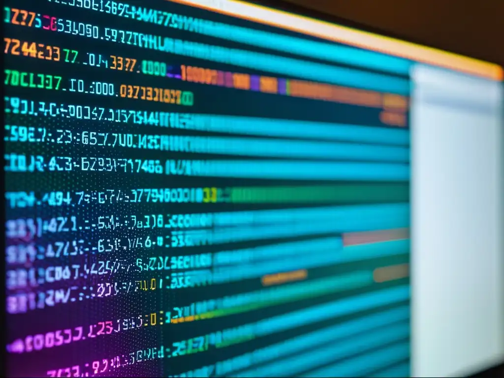 Detalle de pantalla de computadora con código complejo y colores vibrantes, destacando la seguridad del software de código abierto