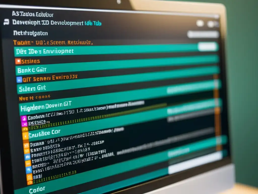 IDE moderno con integración Git: eficiencia y profesionalismo Detalle de pantalla de computadora con un IDE moderno y amigable, mostrando integración Git