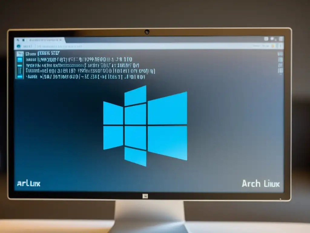 Detalle de pantalla de computadora con la instalación paso a paso de Arch Linux, mostrando la interfaz minimalista y comandos detallados