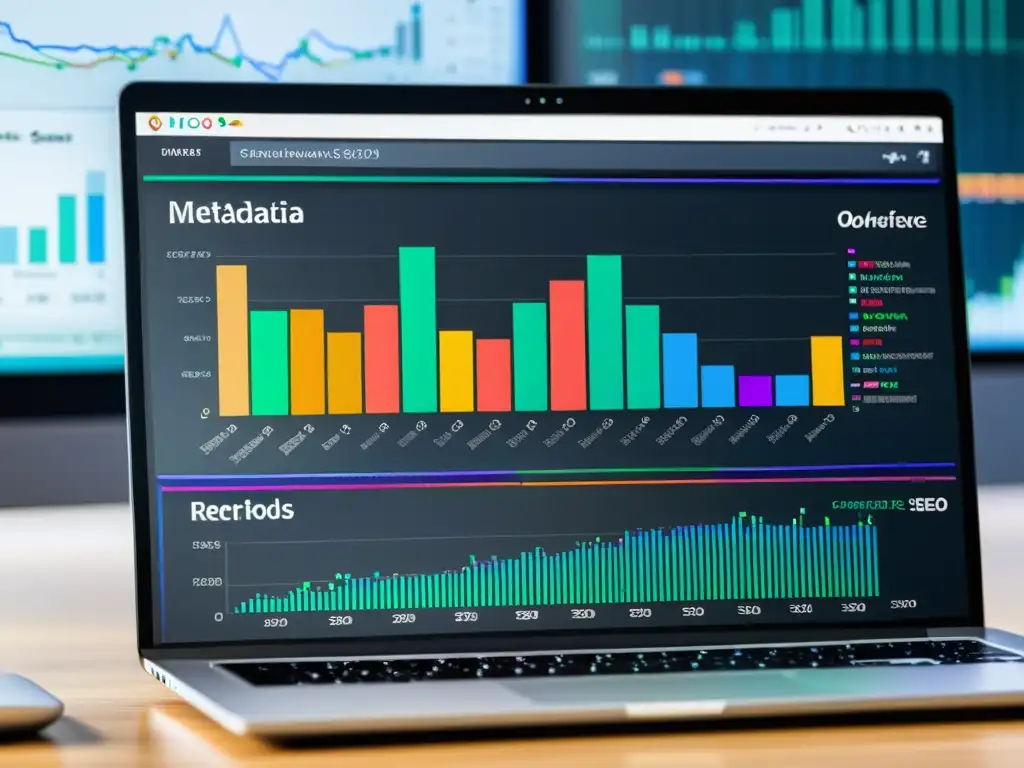 Detalle de pantalla de computadora con visualizaciones de datos coloridas y líneas de código, optimización SEO con software abierto