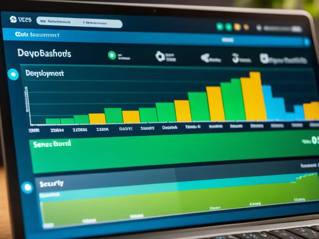 Detalle de pantalla de DevOps con mejores herramientas open source, mostrando métricas en tiempo real y gráficos de eficiencia tecnológica