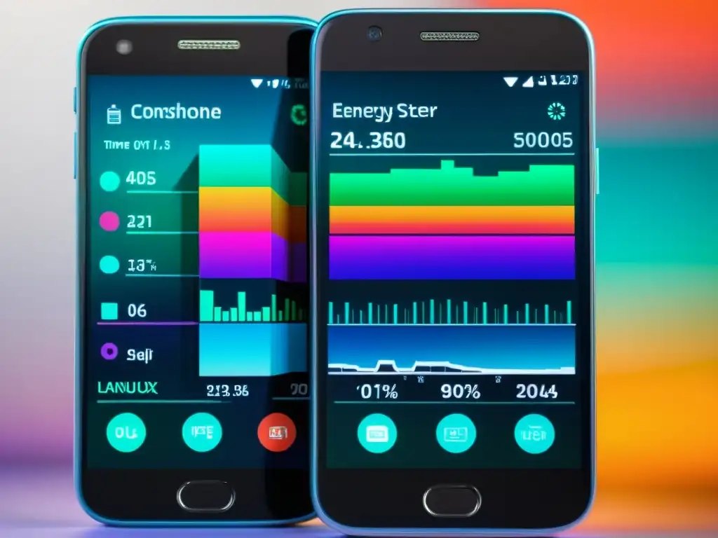 Detalle de pantalla dividida en cuatro sistemas operativos móviles con gráficos de consumo de batería