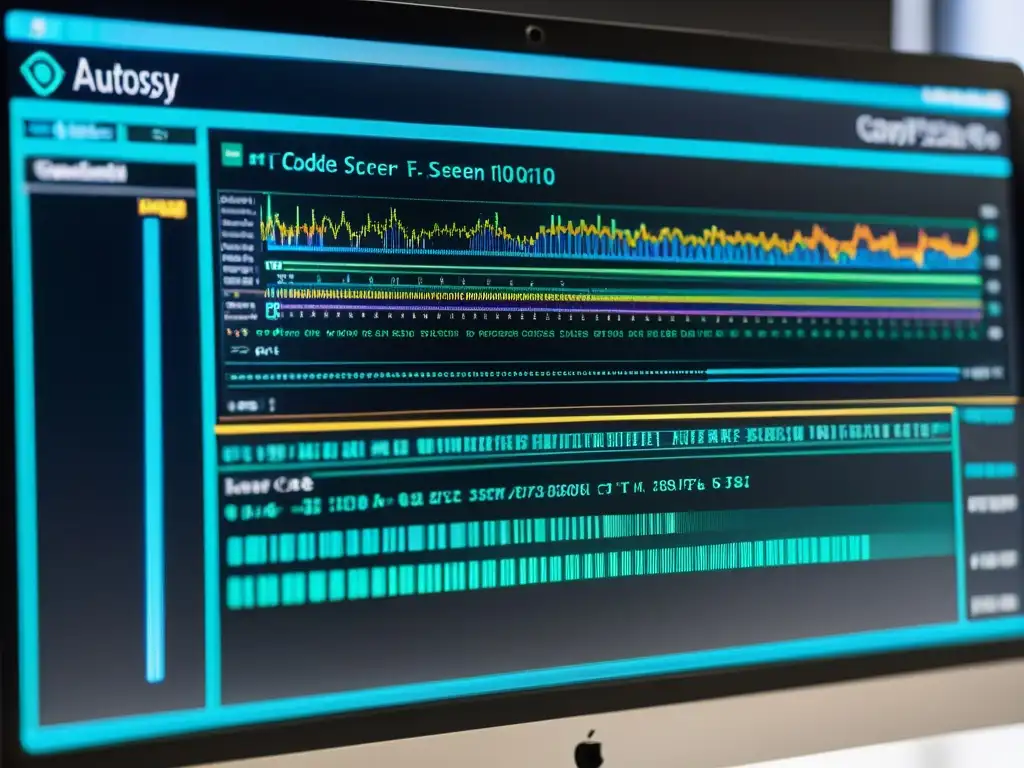 Detalle de pantalla de Autopsy, herramienta de examen forense digital, analizando código complejo, transmitiendo profesionalismo y educación