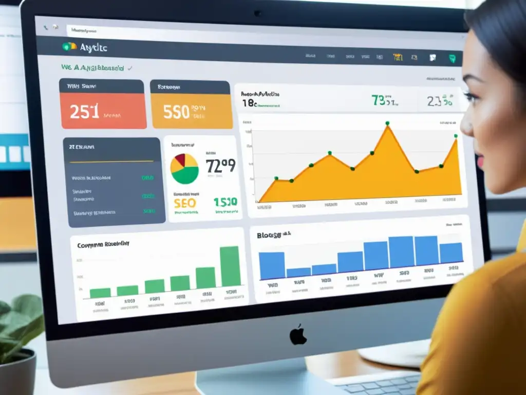 Detalle de pantalla de herramientas analíticas web y plataformas blogging con gráficos coloridos y datos en tiempo real