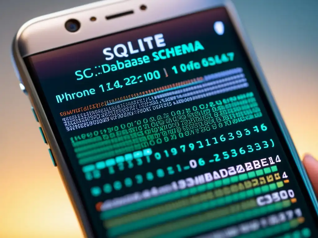 Detalle de pantalla de teléfono móvil con código de esquema de base de datos SQLite para aplicaciones móviles, rodeado de diseño moderno y técnico