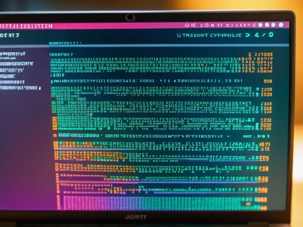 Detalle de pantalla de ordenador con código de criptografía en software, mostrando complejidad técnica y colores vibrantes