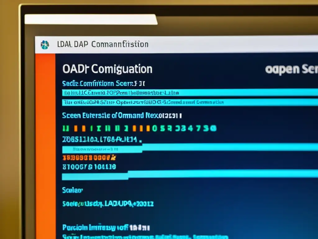 Detalle de pantalla de ordenador con código de OpenLDAP para implementar en sistemas empresariales, muestra profesionalismo y modernidad
