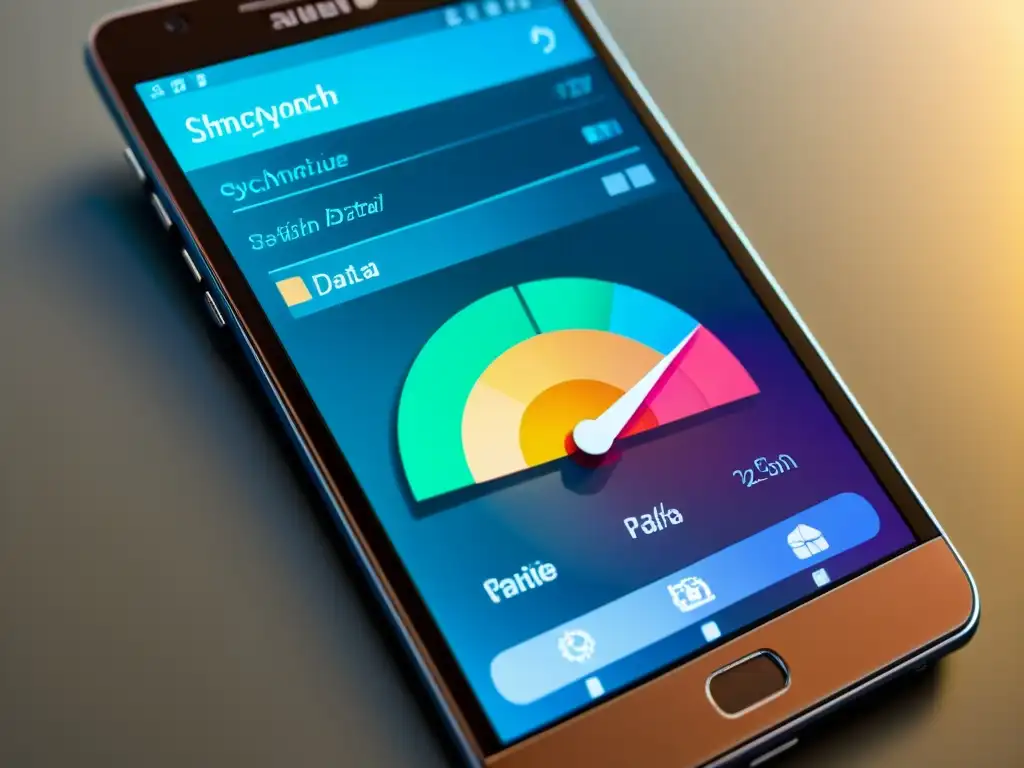 Detalle de pantalla de smartphone con interfaz de sincronización de datos entre aplicaciones web y móviles, moderna y sofisticada