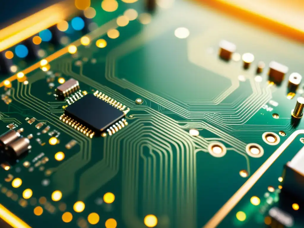 Detalle de placa de circuito impreso con componentes electrónicos interconectados, bañados en luz natural