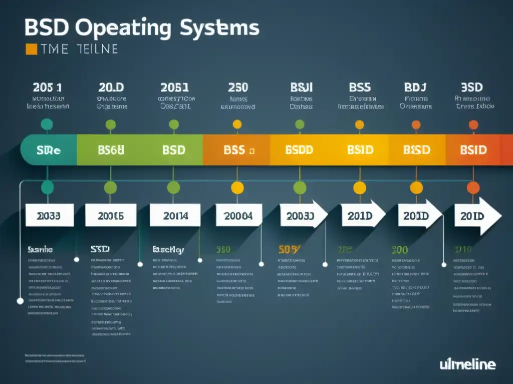 Detalle de evolución histórica de sistemas operativos BSD, con cronología detallada y diseño moderno