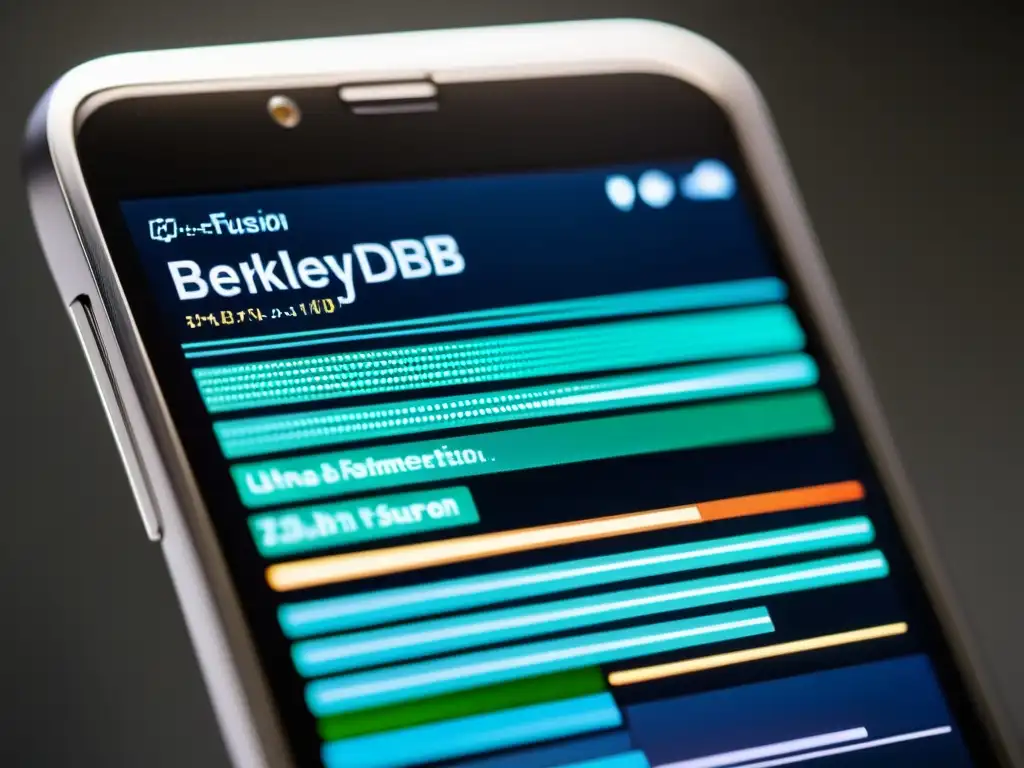 Detalle de smartphone mostrando integración de Berkeley DB en interfaz minimalista y código nítido