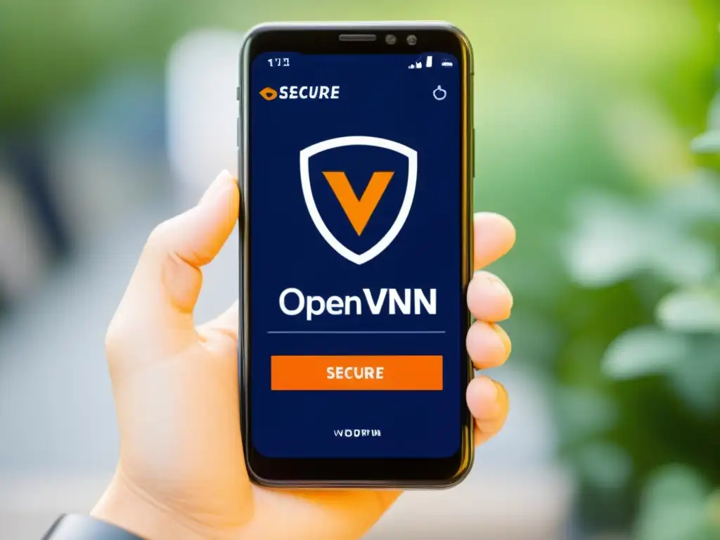 Detalle del smartphone mostrando la interfaz de la app OpenVPN, resaltando su practicidad y diseño moderno