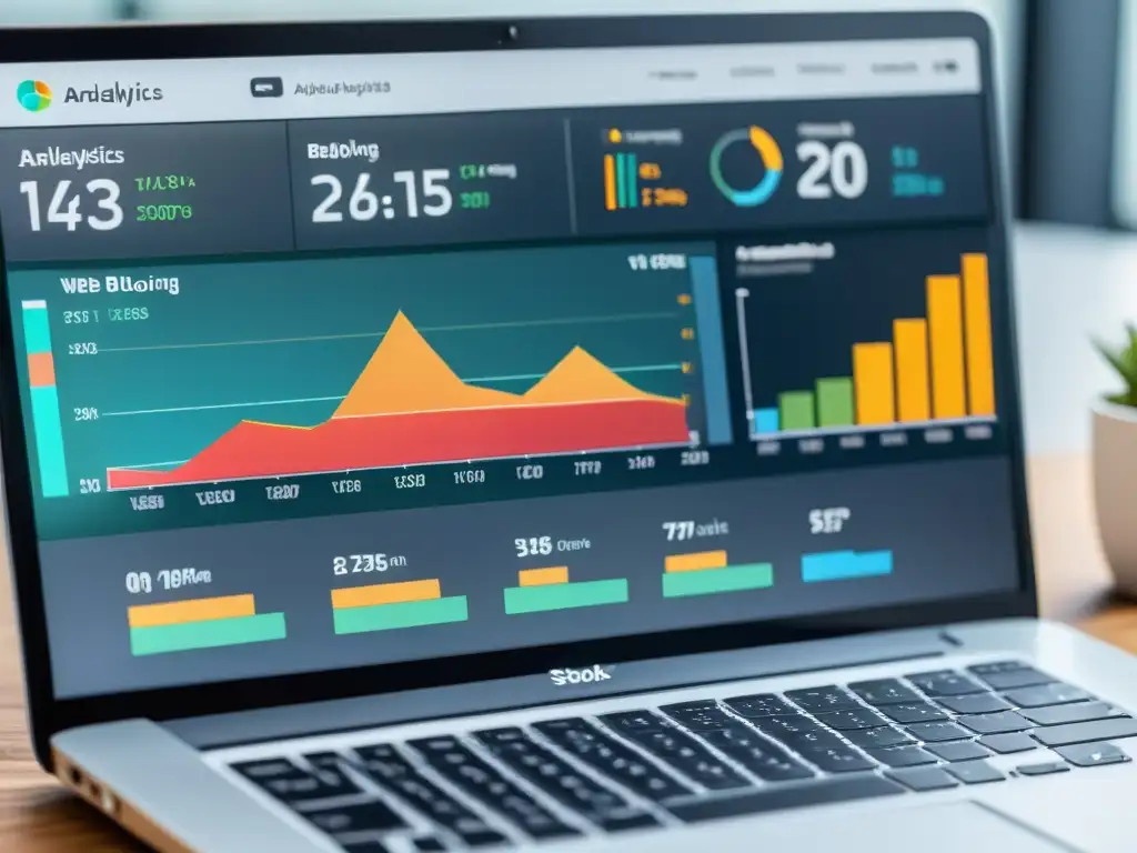 Detalle de sofisticado panel de analítica web para plataformas de blogging, con gráficos coloridos y datos en tiempo real